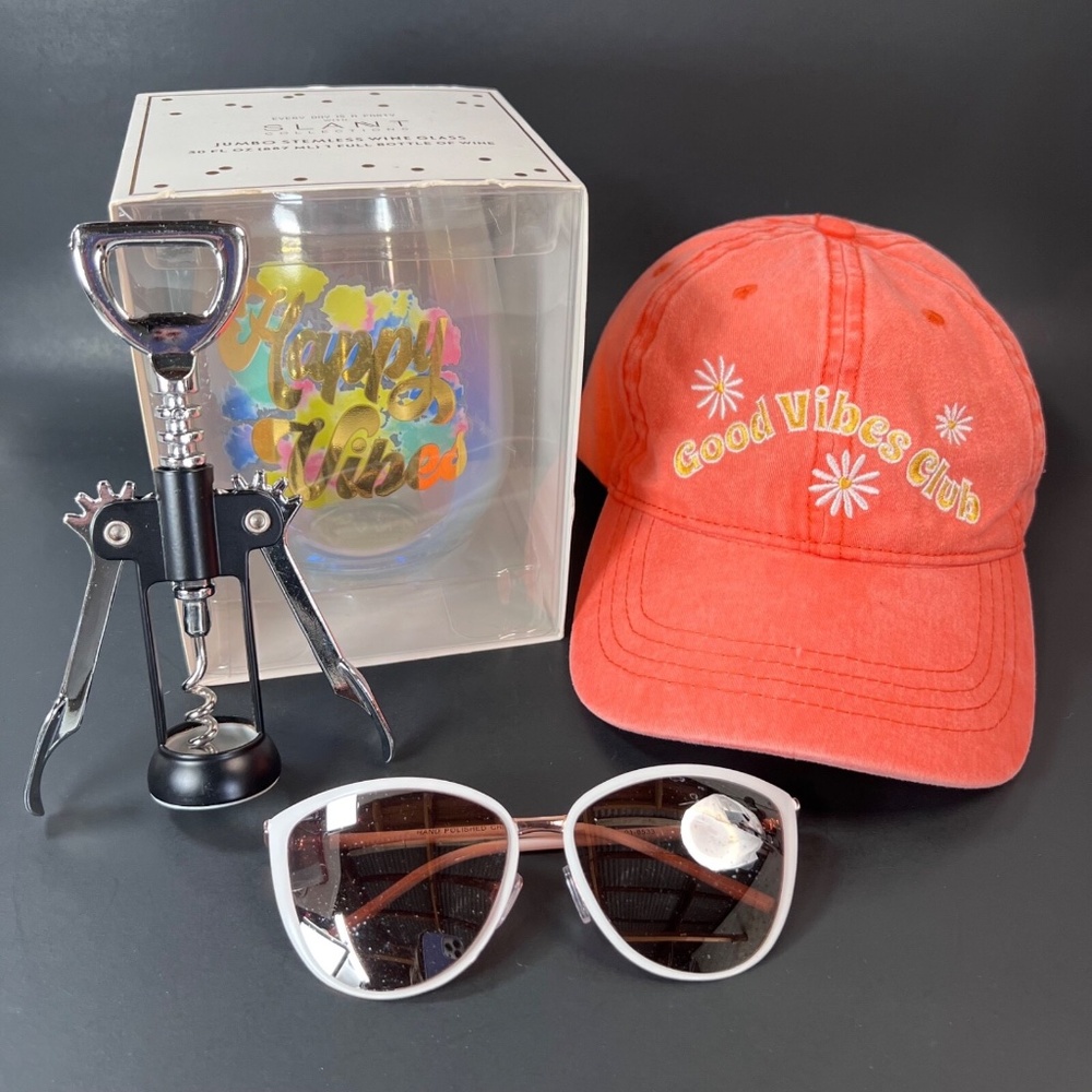 Good Vibes Summer Celebration Lot: Hat, Sun Glasses, Wine Glass & Wine Opener